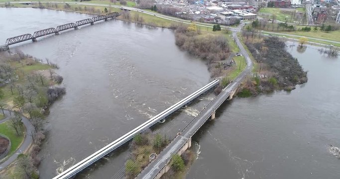 Dynamic drone footage over the flooding Ottawa River in 2019.