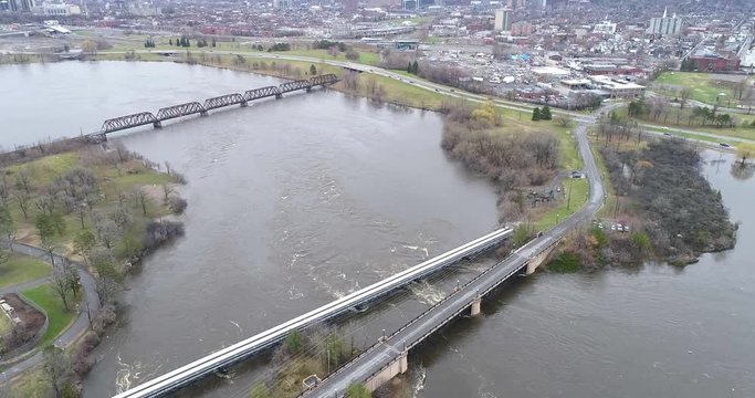 Drone footage over Onigam Street on the Ottawa River during the 2019 Ottawa flood.