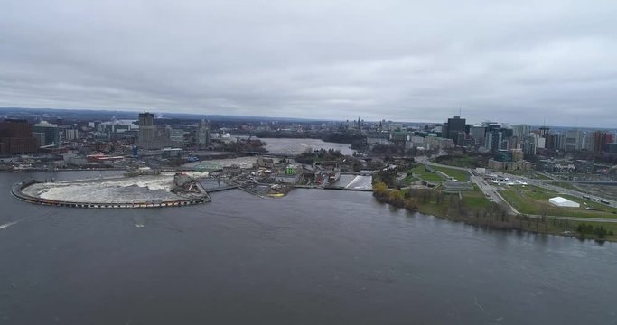 Drone footage over the flooded Ottawa river in 2019 facing downtown.