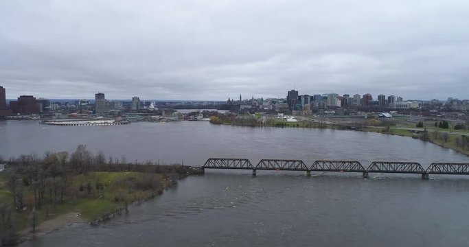 Drone footage flying over The Ottawa River towards downtown during the 2019 Flood.