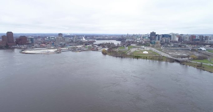 Drone footage over the flooded Ottawa River moving towards Downtown in 2019 Flood.