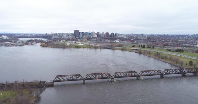 Prince of whales Bridge drone view over flooded Ottawa River 2019.