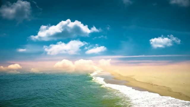 animated coast landscape with sea, waves on the sandy  beach and a time lapse sky with rolling clouds
