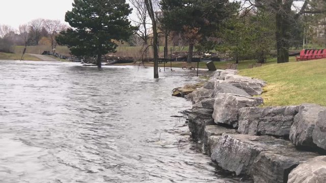 Flood waters on park benches and trees in Remic Rapids during 2019 Ottawa Flood,