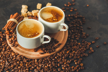 coffee freshly brewed in a white cup serving of beverage (coffee grain). food. top.copy save