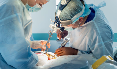 Spinal surgery. Group of surgeons in operating room with surgery equipment. Laminectomy - obrazy, fototapety, plakaty