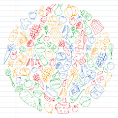 Healthy food and cooking. Fruits, vegetables, household. Doodle vector set.