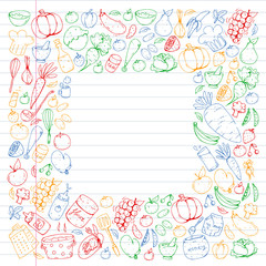 Fototapeta na wymiar Healthy food and cooking. Fruits, vegetables, household. Doodle vector set.