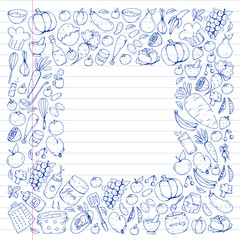 Healthy food and cooking. Fruits, vegetables, household. Doodle vector set.