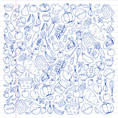 Healthy food and cooking. Fruits, vegetables, household. Doodle vector set.