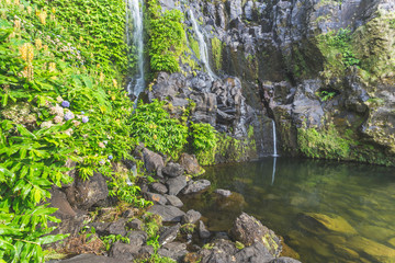 Fototapeta na wymiar A waterfall at Faja Grande. Poco do Bacalhau. Flores, Azores islands, Portugal