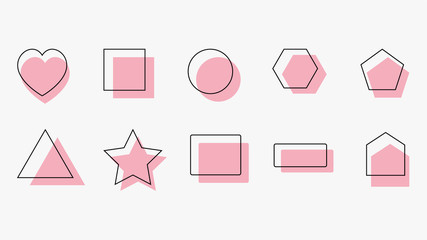 Set geometric signs, labels, and frames. Triangles. Pink Shape. Line design elements, love, round, starts vector illustration