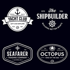 Set of sea and nautical typography badges and design elements. Templates for company logo. Marine cruise, yacht club, trading companym, shipbuilding and other themes.
