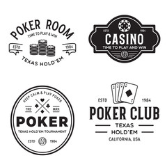 Poker related labels emblems badges design elements set. Texas holdem poker club tournament logotype collection.