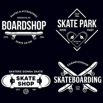 Skateboarding labels badges set. Skate shop logotypes. Design elements for posters, t-shirt prints, emblems.