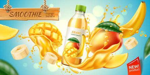 Realistic mango and banana fruit juice advertising with bottle in juicy fruit splash with slices, green leaves. Banana slices, mango cubes in juice explosion flow. Vector product package design.