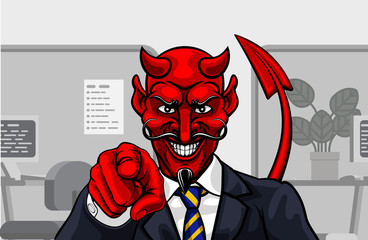 An evil devil or Satan businessman in business suit pointing at the viewer