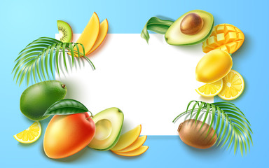Summer banner with realistic fruits, tropical leaves. Hot summer advertising poster for holiday party, fresh product vector design. Banana kiwi mango avocado orange slices white blue frame background