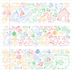 Pet shop. Vector illustration with animals, dog, cat, fish, Colorful background with kitten, bird, puppy. Veterinarian clinic.