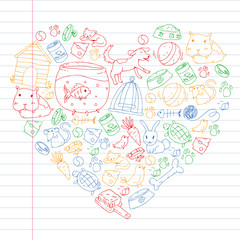 Pet shop. Vector illustration with animals, dog, cat, fish, Colorful background with kitten, bird, puppy. Veterinarian clinic.