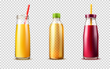 Realistic glass bottle with grape, orange juice and lemonade set. Vector fresh drink containers with straw. Beet vegetable, currant drink package design. Healthy 3d beverage full of vitamins.