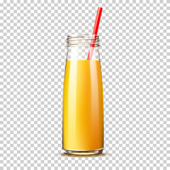Realistic orange juice bottle with straw without lid on transparent background. Vector mango, lemon fruits juicy drink for product package design. Summer refreshing peach drink for healthy dieting.