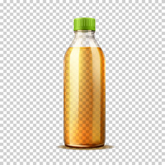 Realistic glass bottle with orange lemonade. Vector fresh soda drink container with lid. Refreshing drink package design. Healthy 3d beverage full of vitamins.