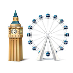 Vector realistic ferris wheel london eye big ben - obrazy, fototapety, plakaty