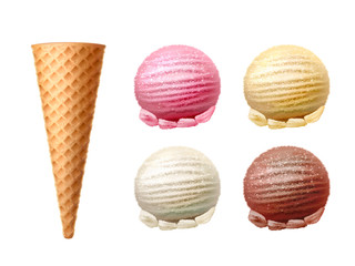 Realistic waffle cone with icecream scoop set. Vector tasty refreshing snack with vanilla, chocolate and strawberry flavour. Summer holiday advertising design. 3d delicious ice cream
