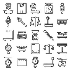 Weigh scales icons set. Outline set of weigh scales vector icons for web design isolated on white background