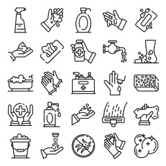 Sanitation icons set. Outline set of sanitation vector icons for web design isolated on white background