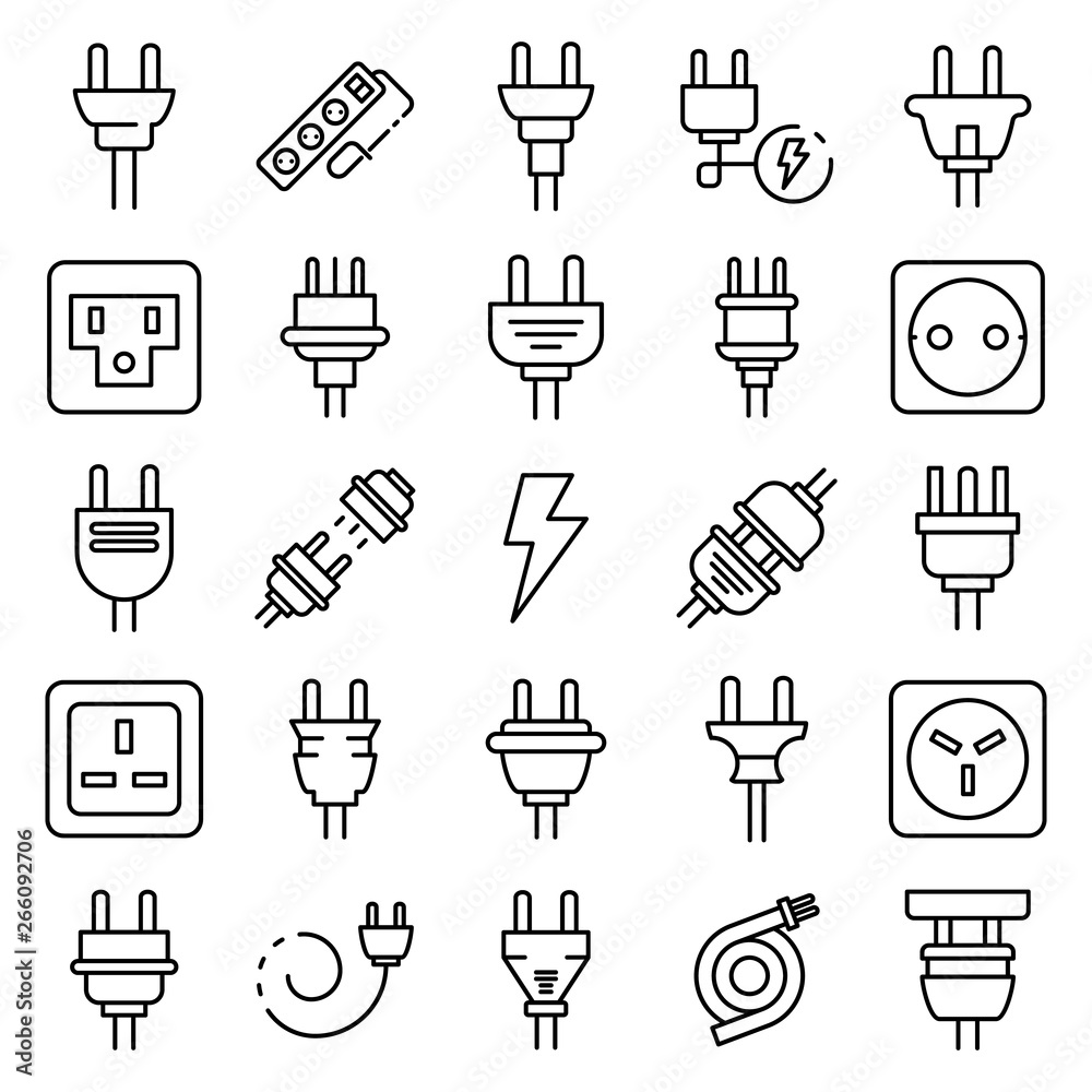Poster plug wire icons set. outline set of plug wire vector icons for web design isolated on white backgrou