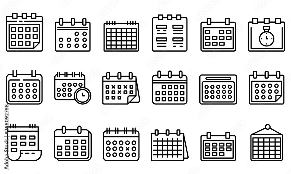 Poster calendar icons set. outline set of calendar vector icons for web design isolated on white background