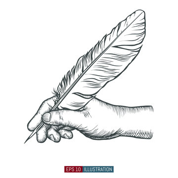 Hand drawn hand holding feather.  Template for your design works. Engraved style vector illustration.