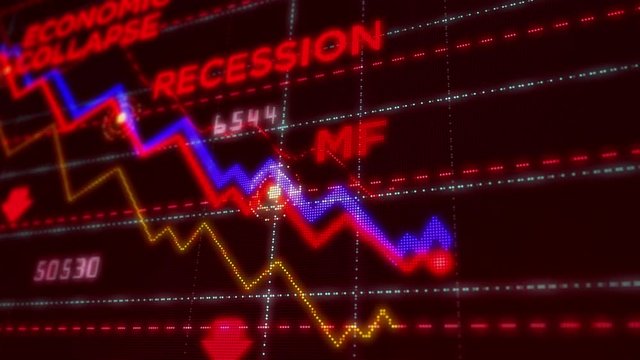 Crisis, recession, business crash, markets down, economic decline and stock collapse concept. Red dynamic downward trend chart. 3d screen stylized animation.