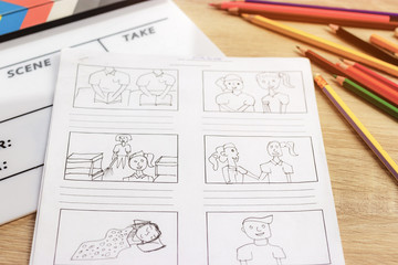 Storyboard drawing with pencil creative sketch cartoon. Storyboarding is process image displayed in...