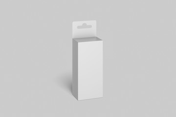 Hanging white blank Cardboard Packaging Box with hang tab retail box for Mock-up isolated on soft gray background. 3D rendering