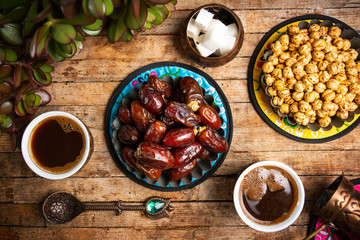 Dates and chickpeas served with Turkish coffee