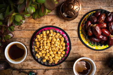 Dates and chickpeas served with Turkish coffee