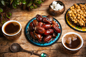 Dates and chickpeas served with Turkish coffee