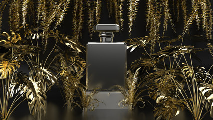 Black and Gold Product Stand on the background of plant. Element for design, advertising, promotion of perfume.