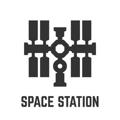 Space station glyph icon with flying spacecraft or globe spaceship scientific technology symbol.