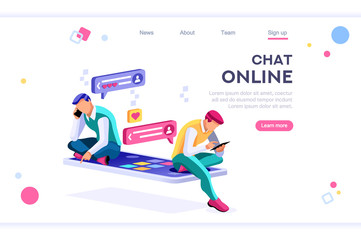 Online dating, social teenagers. Concept of network top application header. Cartoon banner between white background, between empty space. 3d images isometric vector illustrations. Interacting people