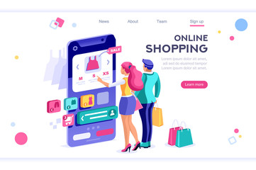 E-commerce buyer. Internet items. Banner between white background, between empty space. 3d images isometric vector illustrations. Interacting people