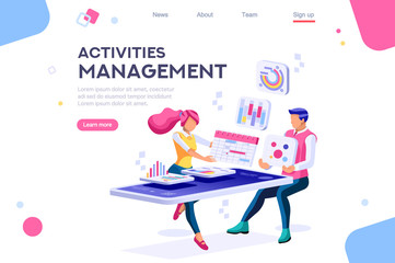 Calendar landing page interact. Data graphs, database, display statistics. Banner between white background, between empty space. 3d images isometric vector illustrations. Interacting people