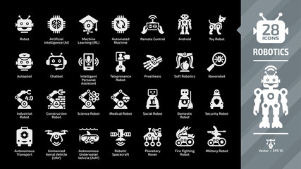 Robotics industry glyph icon set on a black background with autonomous transport, unmanned aerial vehicle UAV, spacecraft, underwater AUV, planetary rover, fire fighting and military robots.