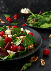 Healthy Beet Salad with raspberry, walnuts nuts and feta cheese