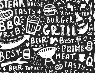 Modern lettering bbq seamless pattern. Barbeque food illustration for menu design - obrazy, fototapety, plakaty