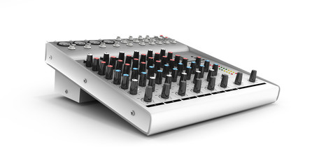 Hand adjusting audio mixer isolated on white background 3d render