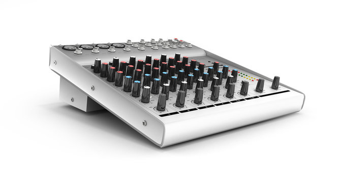 Hand adjusting audio mixer isolated on white background 3d render